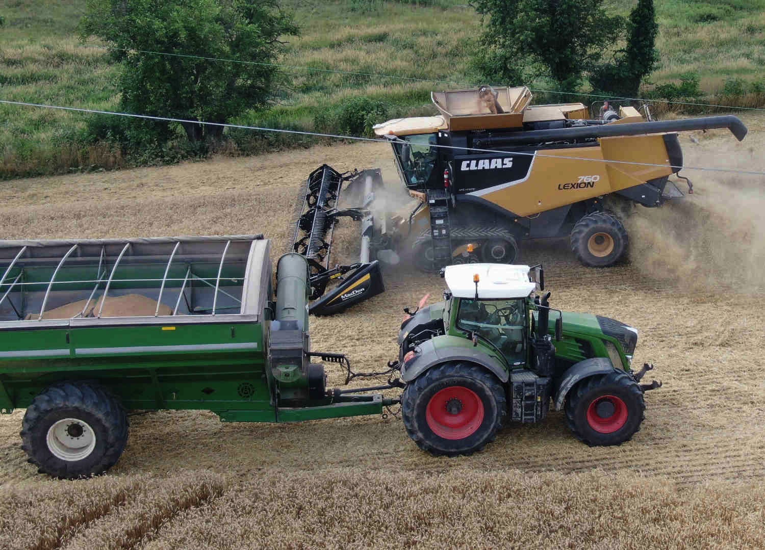 A picture of our large combine farming wheat and trucking it off the field.